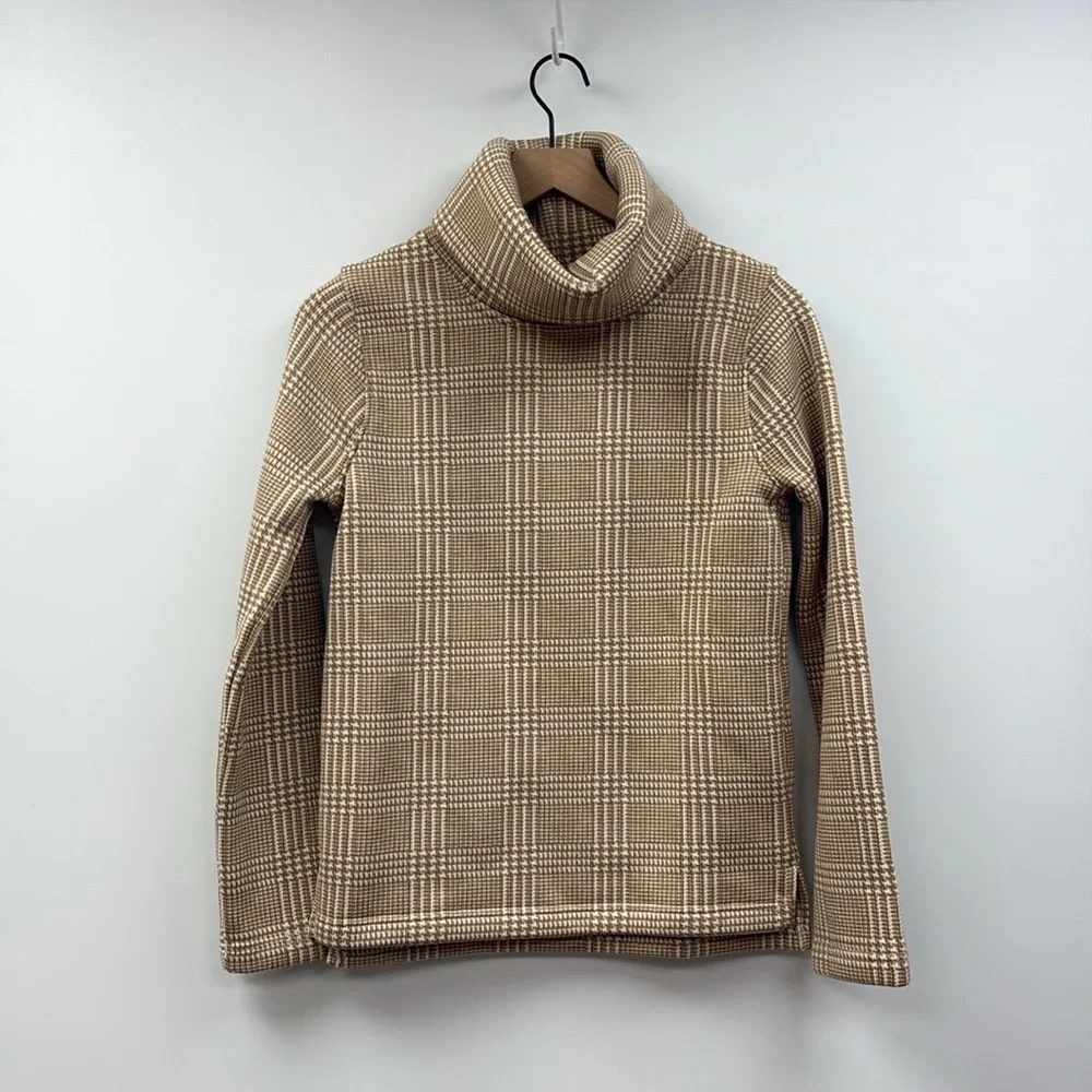 NWOT J. Crew Houndstooth Plaid Fleece Funnel Neck Pullover Sweater Tan XS
